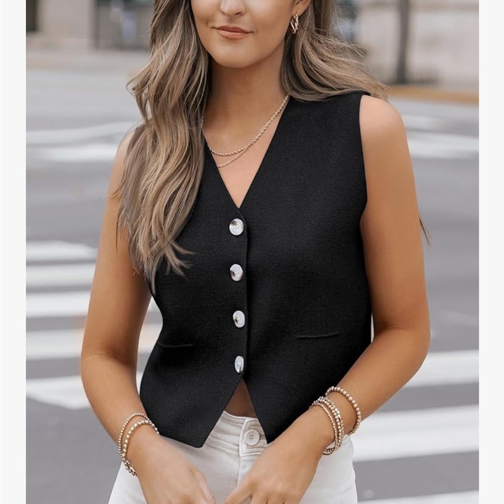 Black Sleeveless Button-Front V-Neck Vest
